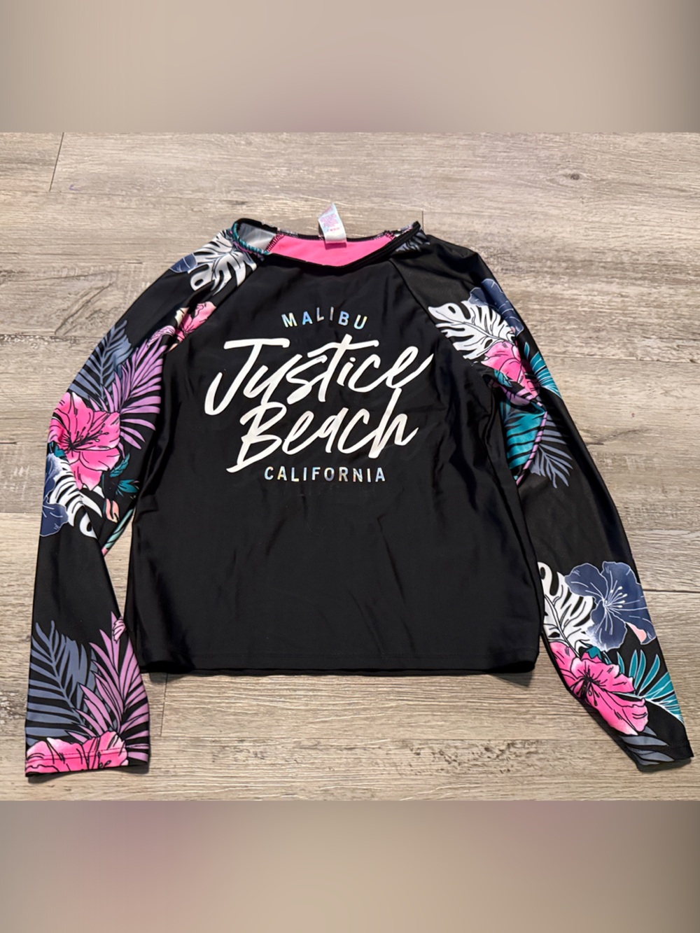 Justice Kids Black Rashguard with Pink & Teal Floral Sleeves